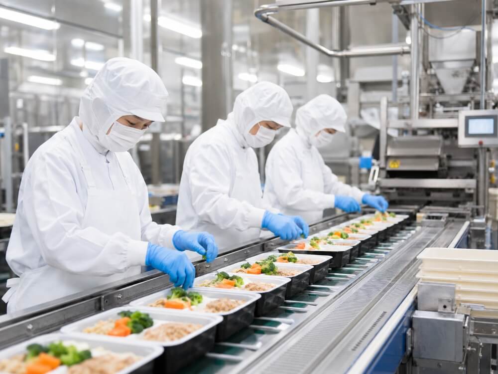 食品工場の製造ラインで盛り付け作業を行う従業員