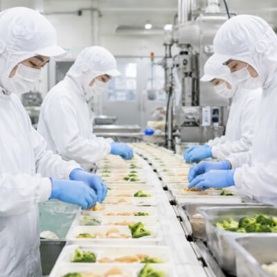 盛り付けラインで作業する食品工場の従業員