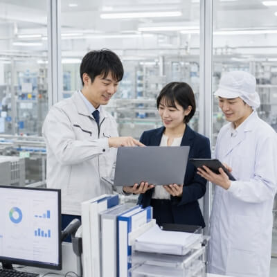 工場内でノートパソコンを見ながら打ち合わせをするスタッフ