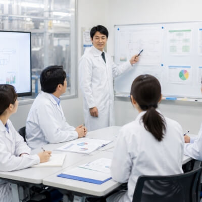 ホワイトボードを使って研修を行う様子